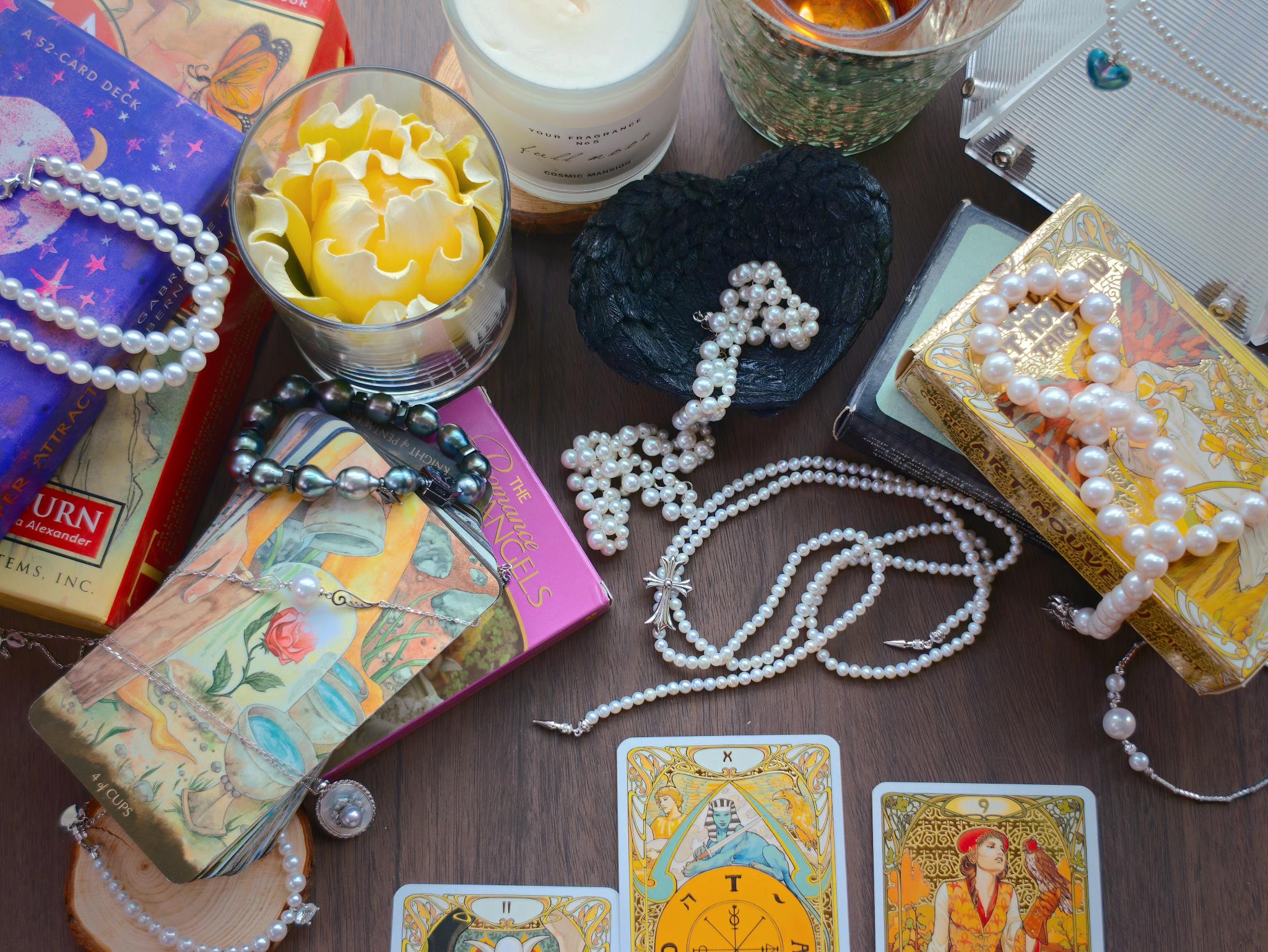 Cyrene by Elsie jewelry collection flat lay with freshwater pearls, tarot cards, and curated objects — independent jewelry studio Shanghai
