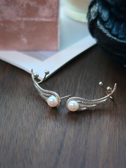 Cyrene Featherrise Wing ear climber earring pair, sterling silver wing with stud and ear cuff combination