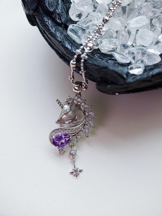 Cyrene Moonglass Unicorn amethyst silver necklace pendant detail, handcrafted 925 sterling silver with star drop