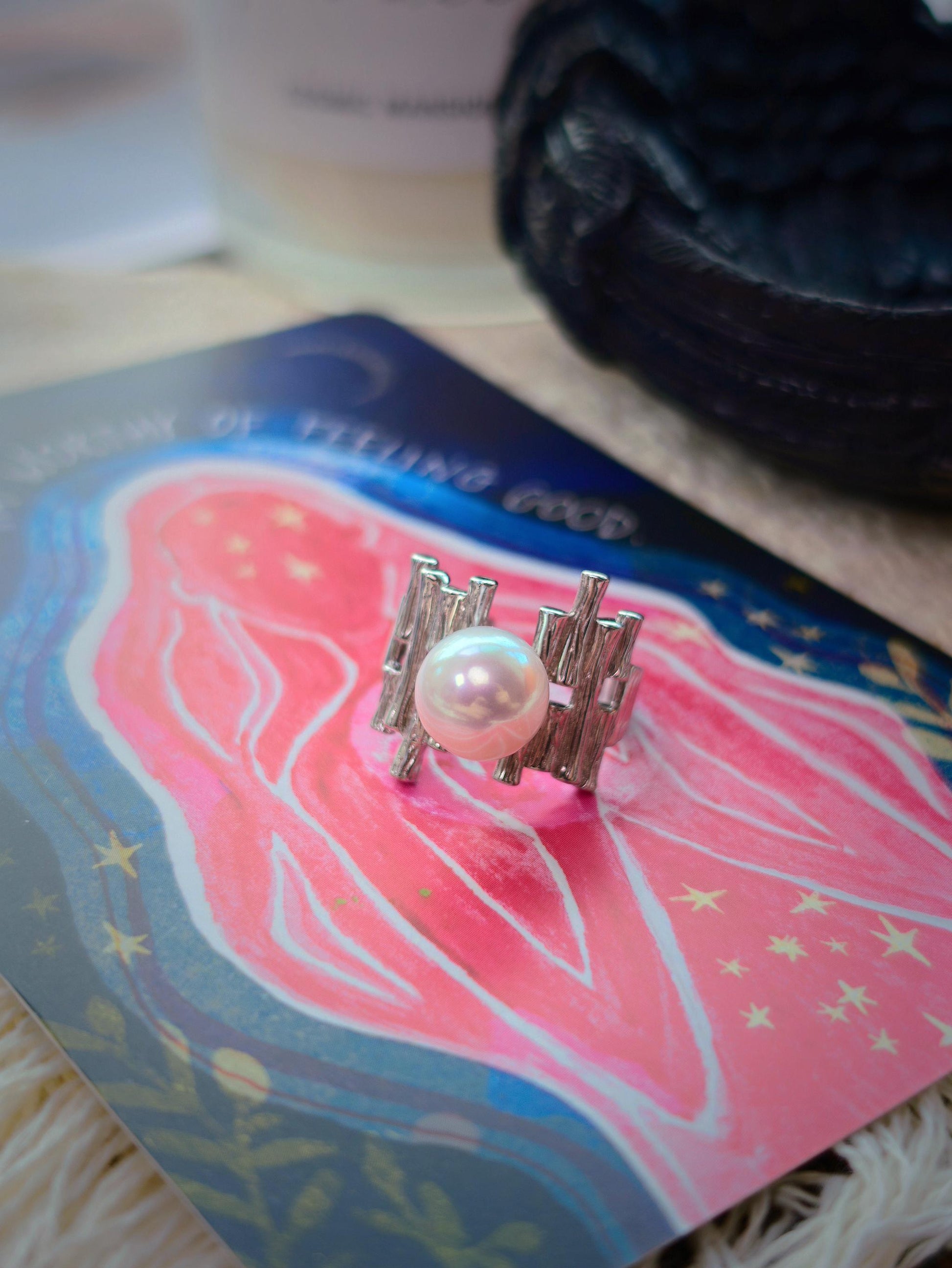 Cyrene by Elsie 925 silver Palisade Pearl Ring styled on an illustrated tarot card