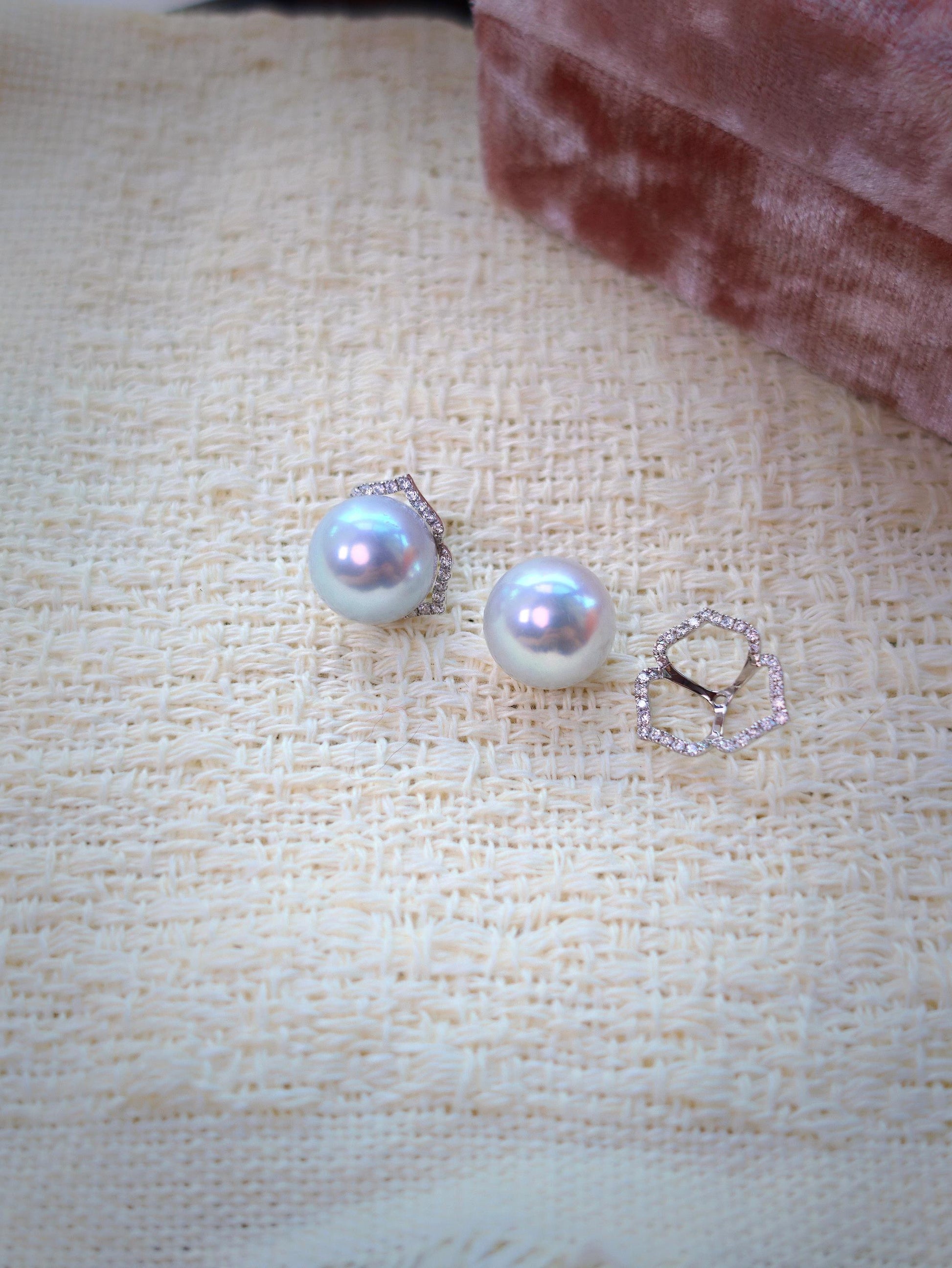 Cyrene Trio Bloom Pearl Earrings shown with detachable three-petal jacket separated from pearl stud