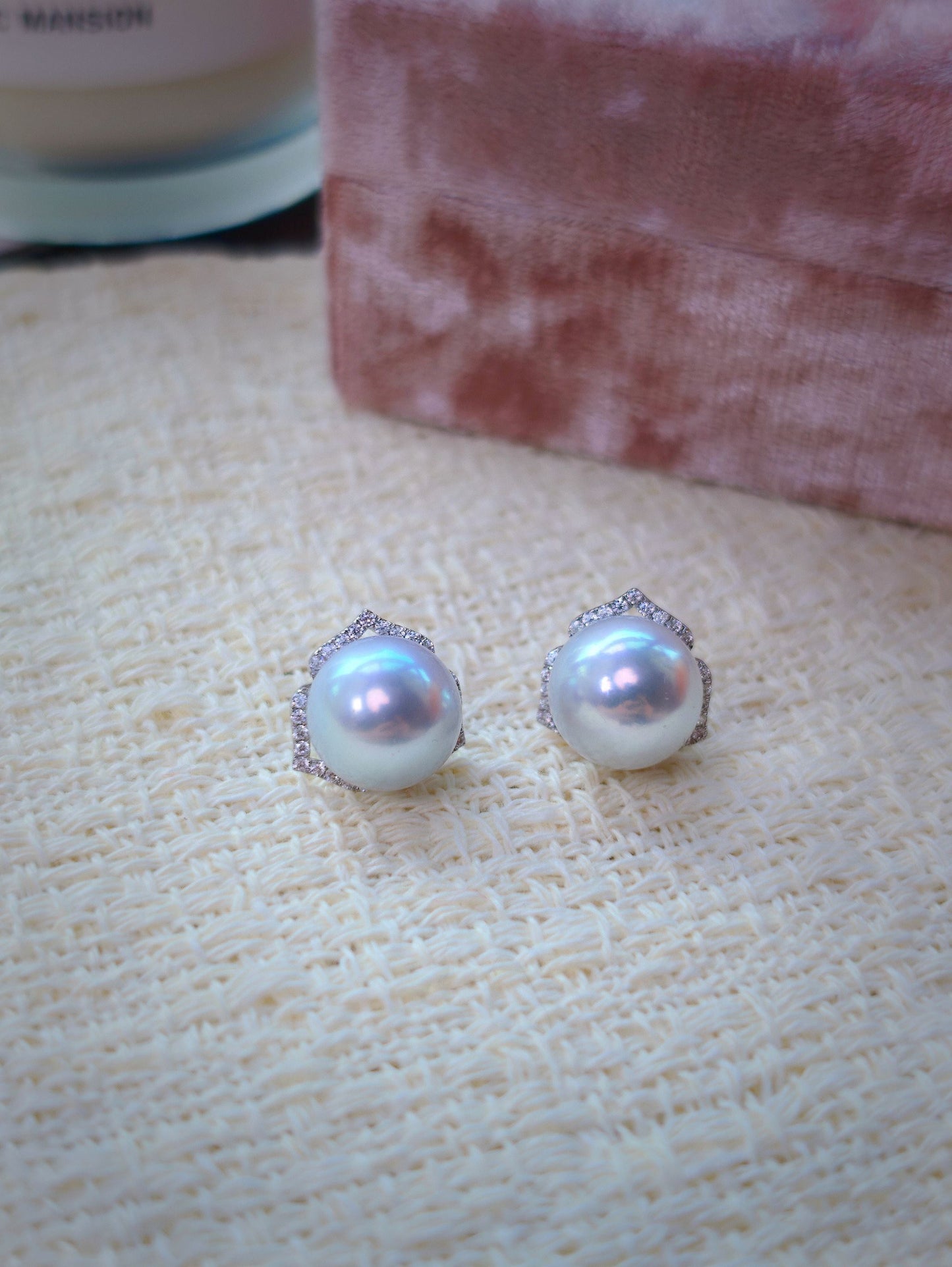Cyrene Trio Bloom Pearl Earrings with three-petal 18K white gold and CZ jacket, flatlay pair