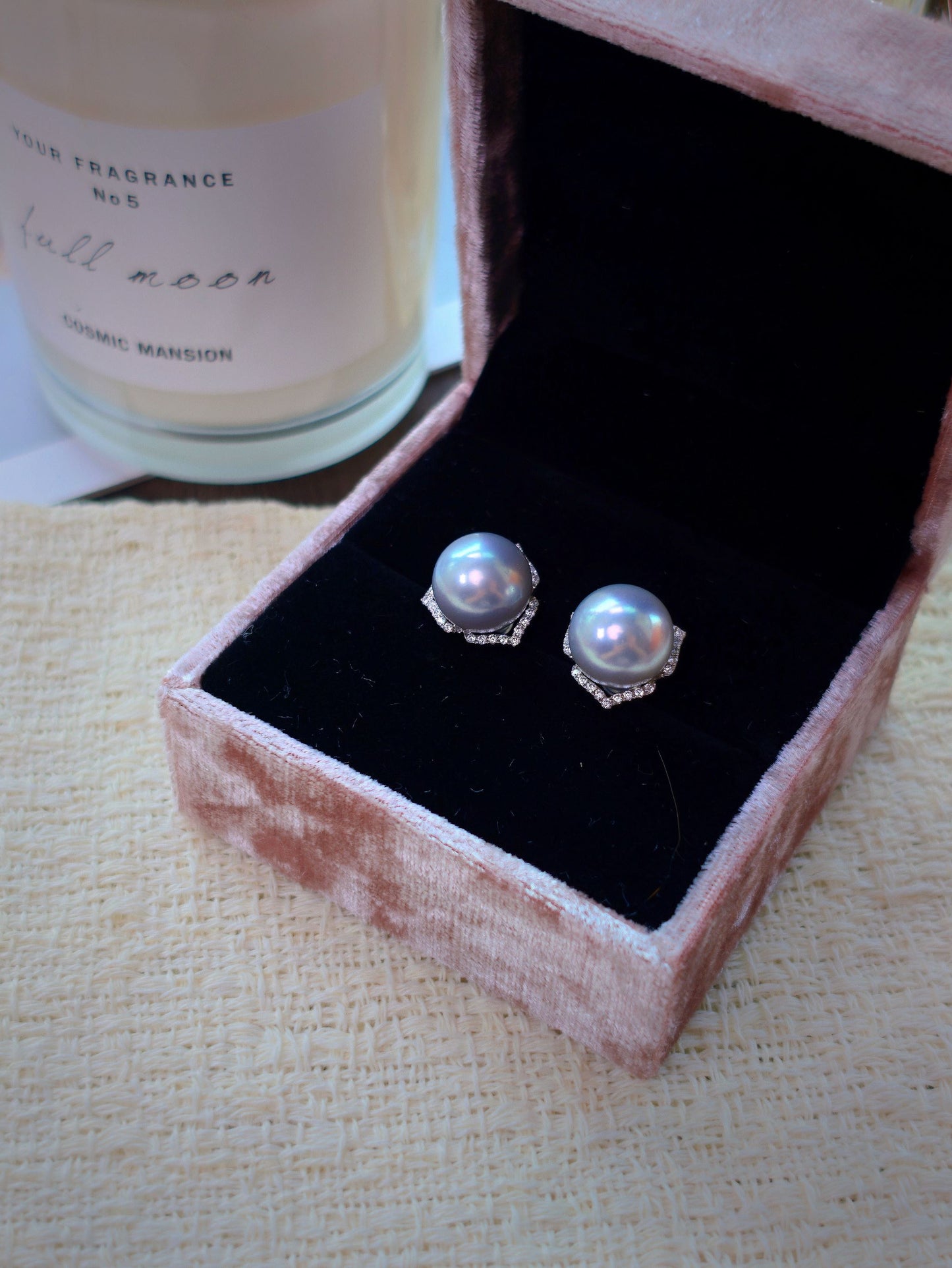 Cyrene Trio Bloom Pearl Earrings in velvet gift box — matched South Sea pearl pair with 18K white gold petal jacket